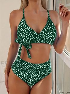 Peilia - Vibrant Floral Print Bikini Set: V-Neck, Tie-Front, Spaghetti Straps, High-Waisted and High-Cut Two-Piece Swimsuit for Women - Stylish Swimwear & Clothing Green Printed Halter Neck Swimwear, Green Printed One-piece Tankini, Green Triangle Top Printed Tankini, Green Printed Triangle Top Tankini, Green Halter Neck Swimwear With Floral Print, Green Floral Print Halter Neck Swimwear, Swimsuit For Women, Swimwear Outfit, High Cut