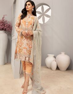 Peach organza dress Pakistani Designer Clothes, Organza Sleeves, Pakistani Salwar Kameez, Chiffon Collection, Embroidered Sleeves, Embroidered Dupatta, Organza Dress, Organza Fabric, Pakistani Designers