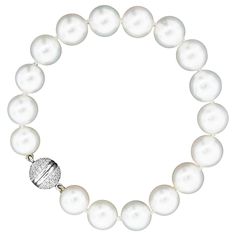 Modern South Sea pearl bracelet with individually knotted pearls and a diamond set clasp. The clasp has a threaded post to screw in for secure wear. Gemstone: Seventeen round South Sea pearls (tapered from 9mm – 10mm diameter) high lustre with pink overtones. Diamonds: Eighty four round brilliant cut, F-G Colour, VS Clarity, estimated total weight 0.78ct. Metal: 18k white gold Weight: 34.30 grams Measurements: Length 20.5cm Era: Modern Circa 2000s Pearls have been treasured for their beauty and Modern Bracelets, Sea Pearl, South Seas, South Sea Pearls, Sea Pearls, Diamond Set, Diamond Bracelets, Pearl Bracelet, Round Brilliant