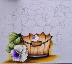 a drawing of a bucket with flowers in it on a white paper sheet that has been colored