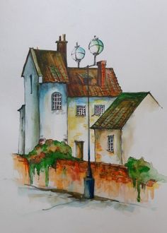 this is a watercolor painting of a house with two chimneys and three windows on the roof