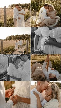 a collage of photos with people in white clothes and one woman is kissing the other