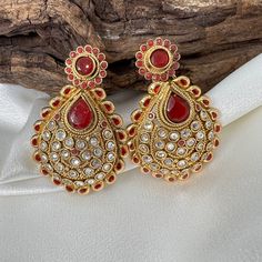 Beautiful New Gold And Red Earrings Red Clip-on Earrings For Wedding, Elegant Red Danglers, Red Jeweled Crystal Drop Earrings, Elegant Red Festive Danglers, Red Jeweled Drop Earrings, Red Jeweled Dangle Earrings, Red Teardrop Jewelry For Celebration, Elegant Red Danglers For Pierced Ears, Red Ruby Chandelier Earrings For Festive Occasions