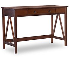 a wooden desk with two drawers on one side and an open drawer on the other