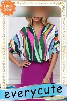 Green Striped Print Pullover Short Sleeve Shirt Chic Multicolor V-neck Shirt, Multicolor Batwing Sleeve Tops For Spring, Green Batwing Sleeve Tops For Spring, Spring Green Batwing Sleeve Tops, Multicolor Collared Top For Spring, Chic Multicolor Collared Tops, Multicolor Summer Workwear Tops, Trendy Multicolor Collared Tops, Multicolor Collar Blouse For Work