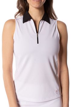 Womens Golf White Sleeveless Golf Polo with Black Contrast Collar Zip Polo, Collar Tshirt, Contrast Collar, White Sleeveless, Basic Tops, Princess Seam, High End Fashion, Black Sleeveless, Golf Polo