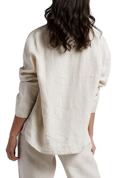 Activate 'Relax Mode' in this couch-beckoning lounge top made from garment-washed linen for a soft lived-in-feel from the first wear. While the intent is bedtime, the button-up styling makes it totally acceptable to keep on while you run some morning errands. 25" length (size Medium) Front button closure Spread collar Long sleeves Dropped shoulders Chest patch pocket Side vents 100% linen Machine wash, tumble dry Made in Portugal Pop-In@Nordstrom OEKO-TEX®–certified materials free of harmful sub Beige Flax Long Sleeve Top, Beige Long Sleeve Flax Top, Effortless Relaxed Fit Tops For Relaxation, Relaxed Fit Shirt For Loungewear, Casual Long Sleeve Flax Shirt, Casual Relax Fit Flax Shirt, Casual Neutral Linen Tops, Everyday Beige Linen Shirt, Neutral Relaxed Fit Tops For Casual Gatherings