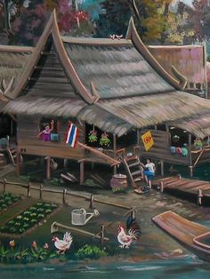 an oil painting of people and boats in front of a hut with thatched roof