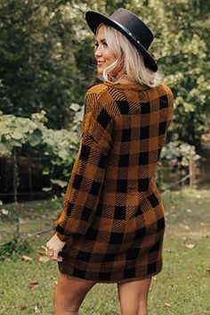 Brown Plaid Sweater Dress Dress With Long Boots, Brown Plaid Sweater, Plaid Sweater Dress, Loose Mini Dress, Stylish Sweater, Plaid Sweater, Loose Sleeves, Stylish Sweaters, Brown Plaid