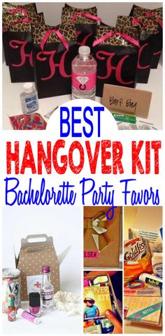 the best hangover kit for bachelor party favors is in this collage with pictures