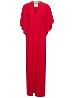 Buy Moschino Embellished Envers Satin Kaftan Dress - Red At 50% Off | Editorialist Silk Maxi Dress For Red Carpet, Elegant Red V-neck Kaftan, Festive Red Silk Maxi Dress, Fitted V-neck Kaftan For Evening Wear, Elegant Embellished Red Kaftan, Red Long Embellished Dresses, Long Embellished Red Dresses, Long Red Embellished Dresses, Elegant Red Kaftan