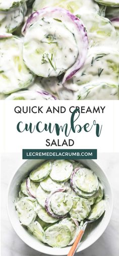 cucumber salad in a white bowl with text overlay that reads, quick and creamy cucumber salad