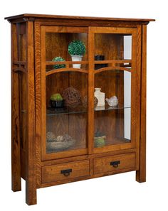 a wooden china cabinet with glass doors and shelves on both sides, holding plants in vases