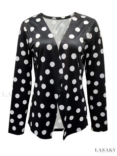 Lasaky - Chic Polka Dot Printed Open-Front Jacket, Elegant Long Sleeve Outerwear, Womens Fashion Polka Dot Long Sleeve Winter Outerwear, Polka Dot Outerwear For Spring Workwear, Spring Polka Dot Outerwear For Work, Casual Polka Dot Outerwear For Spring, Open Front Jacket, Long Sleeve Outerwear, Polka Dot Print, Dot Print, Front Open