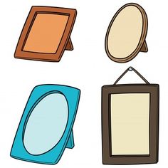 four different types of frames hanging on a white wall, one with a mirror and the other without