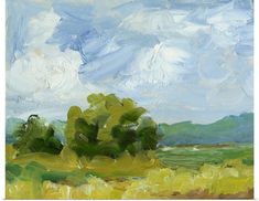 an impressionist painting of trees in a field with blue sky and clouds behind them