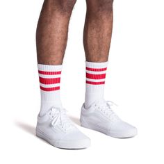 White athletic socks with three red stripes for men, women and kids. Burning Inside, Gold Socks, Red Socks, Fire Burning, Comfy Socks, Modern Tech, Book Jewelry, Striped Socks, Tube Socks