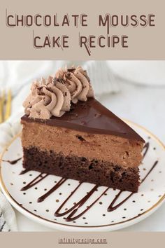 a piece of chocolate mousse cake on a plate with the title above it