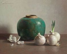 an oil painting of onions and garlic next to a green vase on a brown table