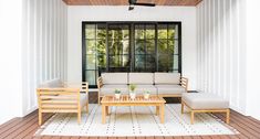 a living room with two couches and a coffee table in front of a sliding glass door