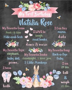 a chalkboard sign with the words, my first birthday matilda rose and flowers on it