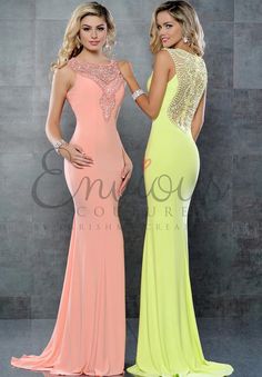 Color: Lemon Neckline: ﻿Beaded High Neck/Illusion Back Silhouette: Fitted Fabric: Jersey Brand: Envious Couture Style #: 17223 Prom Dress Sheer, Open Back Evening Gown, Blush Prom Dress, Jersey Prom Dress, Ladies Day Dresses, Couture Style, Dress Stretch, Mob Dresses, Pageant Gowns