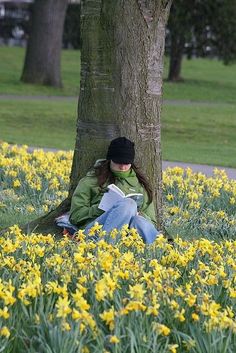 a woman sitting under a tree reading a book in a field full of yellow flowers