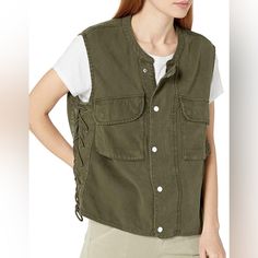 Cargo Zip-Up Vest / Jacket From Guess - Nwt. Army Green Color, Although Appears Brown-Ish In Flash Photos. Size M, Fits True To Size. Pristine! Casual Relaxed Fit Vest For Fall, Spring Military Vest With Pockets, Casual Fall Vest With Button Closure, Casual Vest With Button Closure For Fall, Casual Button Closure Vest For Fall, Casual Cotton Vest With Snap Buttons, Casual Khaki Vest For Spring, Spring Utility Jacket With Snap Buttons For Outdoor, Casual Fall Vest With Pockets