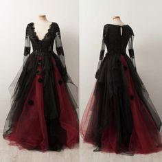 two pictures of the same dress on mannequins, one in black and red