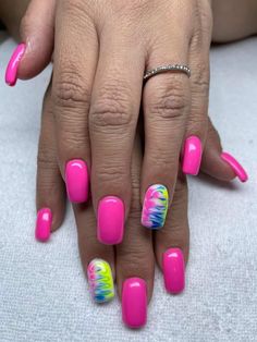 Bright Pink Nail Designs Summer Colors, Hot Pink Rainbow Nails, Bright Nail Art Summer, Hot Pink Nails With Design Summer Fun, Bright Nail Designs Short, Bright Nails For Spring, Bright Pink Nails With Design Summer, Bright Nail Ideas Summer, Short Nail Designs Bright Colors