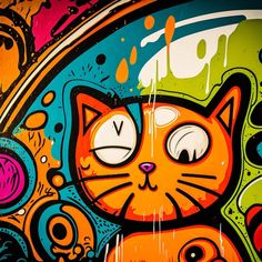 an orange cat sitting in front of a colorful wall with lots of paint splattered on it