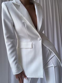 White Pantsuit With Pockets For Work, White Office Suits With Pockets, White Suits With Pockets For Office, White Formal Suit With Trousers, White Tailored Pantsuit With Straight Pants, Tailored White Pantsuit With Straight Pants, White Single Button Office Suit, White Single-button Suit For Office, White Pantsuit With Pockets