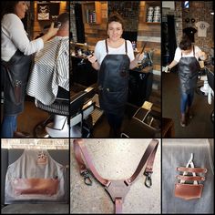 there are many different pictures of women working in the shop, including leather aprons