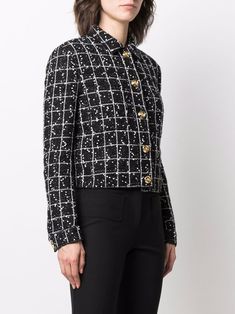 Giambattista Valli Fitted Tweed Jacket - Farfetch Giambattista Valli, Tweed Jacket, Black Cotton, Two Tone, Fashion Branding, Long Sleeve Blouse, Long Sleeves, Blazer, Collar