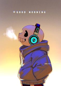 a cartoon character with headphones on standing in front of an orange and blue sky