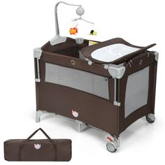 5-in-1  Portable Baby Beside Sleeper Bassinet Crib Playard with Diaper Changer-Brown - Adore the Decor Baby Bedside Crib, Baby Bedside Sleeper, Portable Baby Bassinet, Portable Baby Cribs, Table Baby, Rocking Bassinet, Bedside Sleeper, Portable Bassinet, Bedside Crib