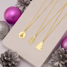 "Our Trees necklaces are perfect choice for a Christmas,  birthday, wedding, anniversary,  bridesmaid, and best friends gift. It's a good way to show appreciation to your mom, girlfriend, wife, grandmother, grandchildren, daughter, sister, best friend, boss or a co-worker. MATERIALS * Material: 925K Sterling Silver * Finish: Silver, Gold Plated * Chain Lengths: \"12+2 inch - 30+5 cm, \"14+2 inch - 35+5 cm, \"16 inch - 40 cm, \"18+2 inch - 45+5 cm, \"20+2 inch - 50+5 cm, \"22+2 inches - 55+5 cm * (+2 inches extender for each product to help if you want to adjust the product) * Style 1 Tree Length : 15 mm ; Style 1 Tree Width : 15 mm  / Style 2 Tree  Length: 20 mm  - Style 2 Tree  Width: 15mm  / Style 3 Tree  Length: 20 mm Style - 3 Tree  Width: 16.5 mm All of our jewelry is hypoallergenic, Silver Jewelry Christmas Gift For Her, Gold Necklace For Party And Holiday, Handmade Jewelry For New Year Holiday, Gold Jewelry Gift Wrapped For Gift Giving, Elegant Holiday Jewelry Gift, Elegant Holiday Gift Jewelry, Personalized Christmas Jewelry For Holidays, Handmade Round Jewelry For Christmas, Handmade Round Christmas Jewelry