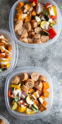 three plastic containers filled with different types of food