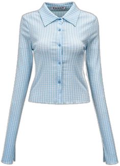 Blue Fitted Blouse For Fall, Light Blue Slim Fit Shirt For Spring, Blue Slim Fit Cotton Tops, Fitted Blue Shirt For Fall, Blue Slim Fit Summer Tops, Blue Slim Fit Tops For Summer, Fitted Collared Blouse In Light Blue, Blue Stretch Shirt For Fall, Blue Fitted Cotton Blouse