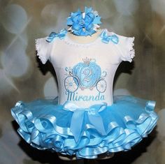 Cinderella Carriage Princess 2nd Birthday Tutu Outfit, Blue and Silver , Baby tutu, Princess 1st birthday tutu dress Fancy Cinderella tutuOur custom-made tutus are the perfect finishing touch for your little princesss 2nd birthday party. Available in a variety of colors, this one is blue, each  birthday tutu outfit is custom-embroidered with your child's name on the front. Made from premium tulle and finished with 30 yards of satin ribbon  and rhinestone embellishments for extra sparkle and shin Cinderella Tutu, Skirt With Ribbon, Minnie Mouse Birthday Outfit, Cinderella Birthday Party, Ribbon Trim Tutu, Birthday Tutu Dress, 1st Birthday Tutu, 1st Birthday Dresses, Cinderella Carriage