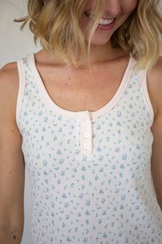 Waffle-knit henley tank top. - Sizing: Model is 5'8", wearing a size S - Content: 65% Cotton, 35% Polyester Care: Handwash recommended Imported Dress Home, Waffle Knit, Light Blue, Tank Top, Tank Tops, Cream, Knitting, How To Wear, Dresses