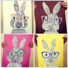 four different pictures of rabbits with glasses on their faces and the words les jolis lapins graphisme des elves