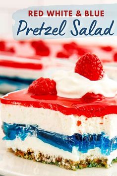 red, white and blue pretzel salad on a plate with text overlay