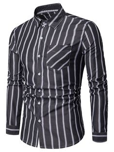 Chest Pocket Stripe Print Button Up Shirt - Black - 4U04345412 - Men's Clothing, Men's Tops & T-Shirts, Men's Shirts  #MensShirts #Men's #Clothing # #Men's #Tops #& #TShirts # #Men's #Shirts Black Business Shirt With Pockets, Casual Gray Shirt For Business, Casual Striped Tops For Business, Fitted Black Shirt With Pockets, Black Slim Fit Tops With Pockets, Black Shirt With Button Closure And Casual Collar, Black Slim Fit Shirt With Casual Collar, Black Slim Fit Casual Shirt, Semi-formal Pinstripe Button-up Shirt