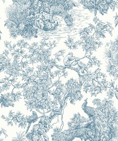 a blue and white toiler wallpaper with trees, animals and people on it