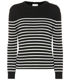 Take casual looks in a classic direction with this timeless striped sweater from Saint Laurent. Made in Italy from a cotton and wool knit, the design is finished with nautical flair with button details skirting over one shoulder. Chanel Resort, Camel Sweaters, Blue Striped Shirt, Broken White