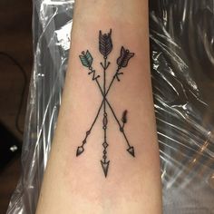 an arrow tattoo is shown on the arm