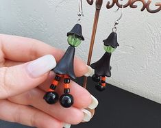 Halloween Witch Dangle Earrings, Spooky Earrings, Beaded Dangles - Etsy Handmade Witchy Earrings For Halloween, Witchy Halloween Earrings, Handmade Witchy Dangle Earrings, Witchy Drop Earrings, Handmade Dangle Earrings For Halloween, Handmade Halloween Costume Earrings, Black Beaded Dangle Earrings For Halloween, Black Dangle Beaded Earrings For Halloween, Whimsical Halloween Dangle Jewelry