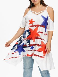 Plus Size Cold Shoulder Star Print T-shirt - White - 3F79347213 - Women's Clothing, Plus Size Women's Clothing  #PlusSizeWomensClothing #Women's #Clothing # #Plus #Size #Women's #Clothing Printed Tshirt Women, Long Tunic Tops, Spandex Shirts, Rayon Shirt, Trendy Plus Size Clothing, Plus Size Womens Clothing, Star Print, Plus Size T Shirts, Plus Size Tops