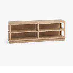 a wooden shelf with three shelves on one side and two open ones on the other